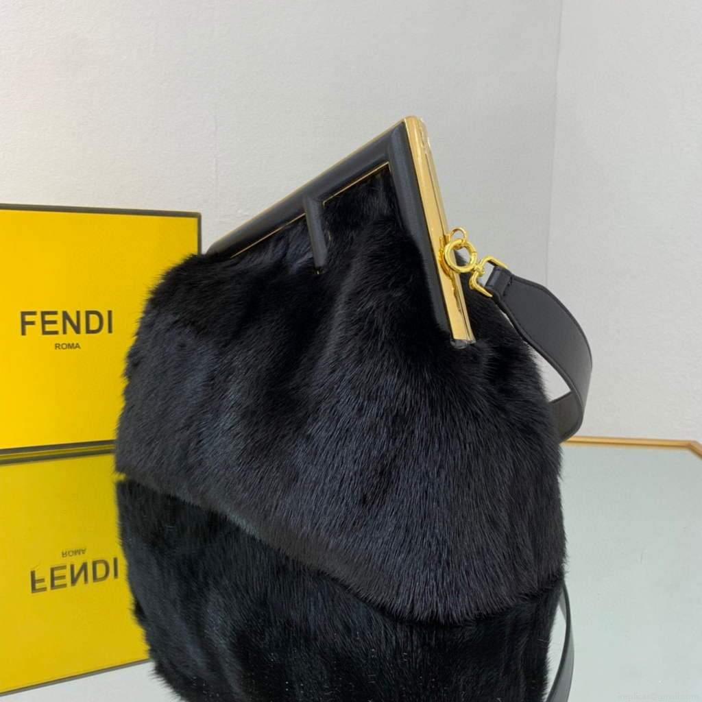 Fendi 8BP127 Fendi First Medium Fox fur Black Bag