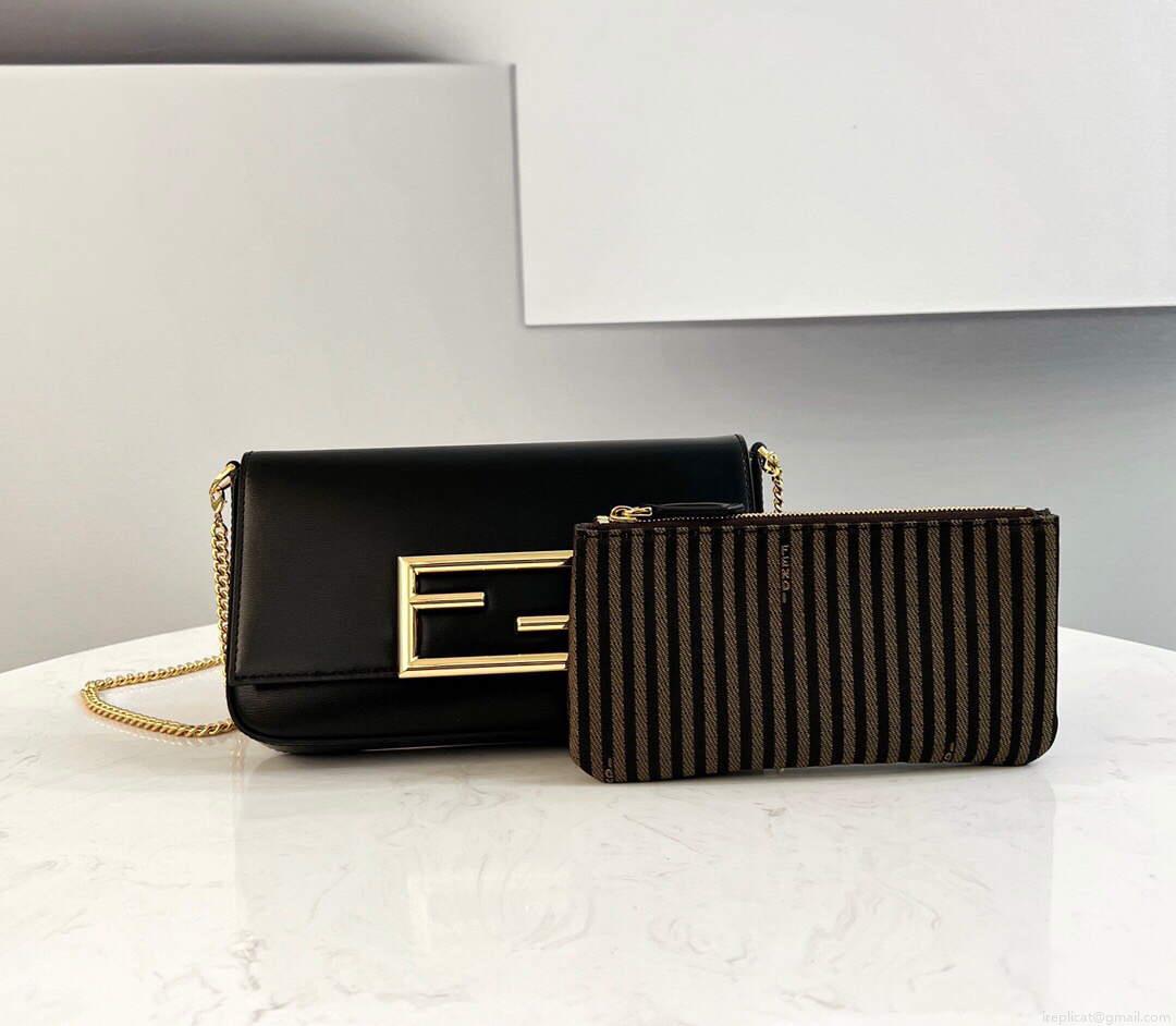 Fendi 8521 Baguette Chain Midi Shoulder Bag Black