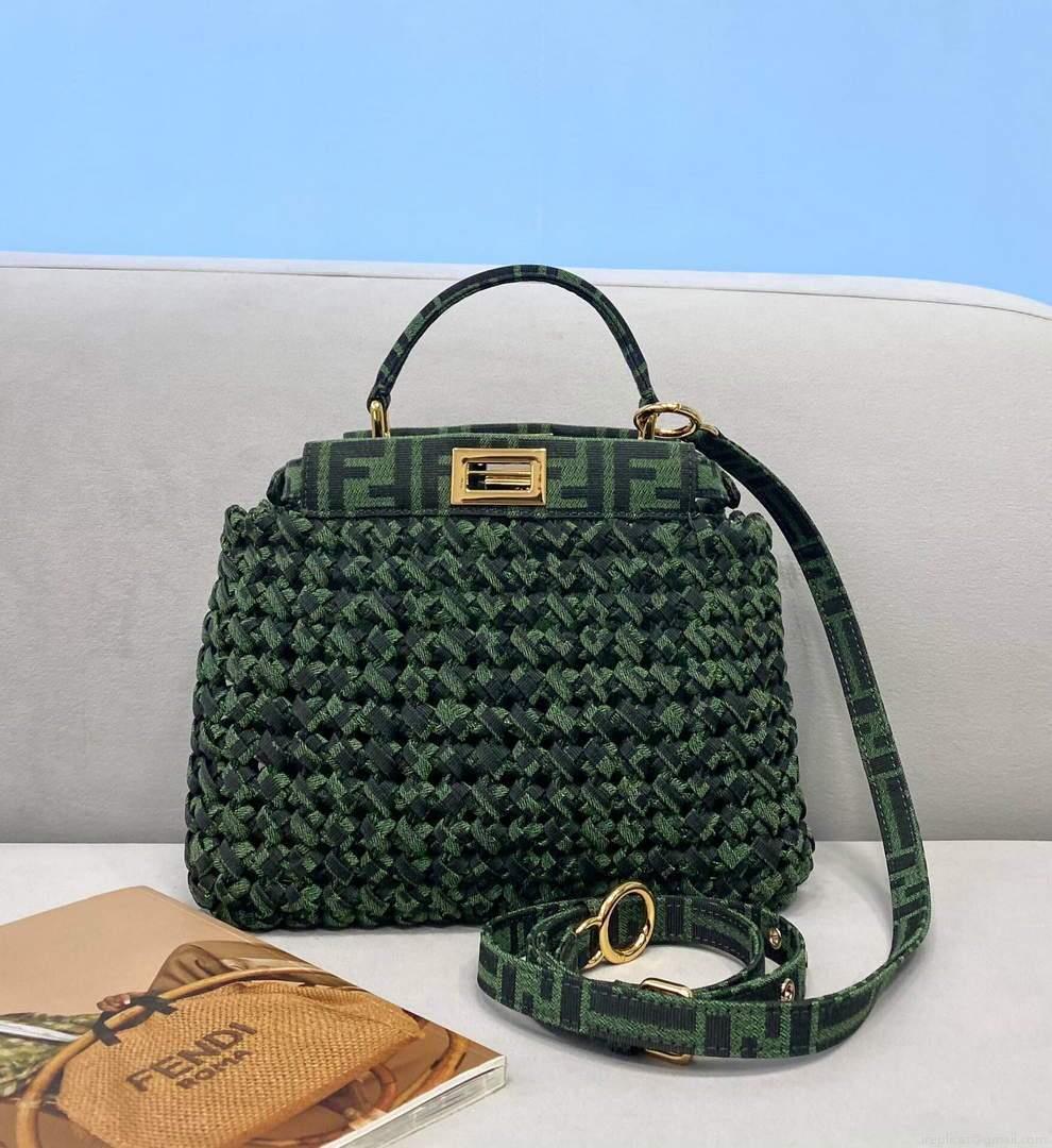 Fendi 8BN244 Peekaboo Iconic Mini Jacquard Fabric Interlace Bag 2126AS Green