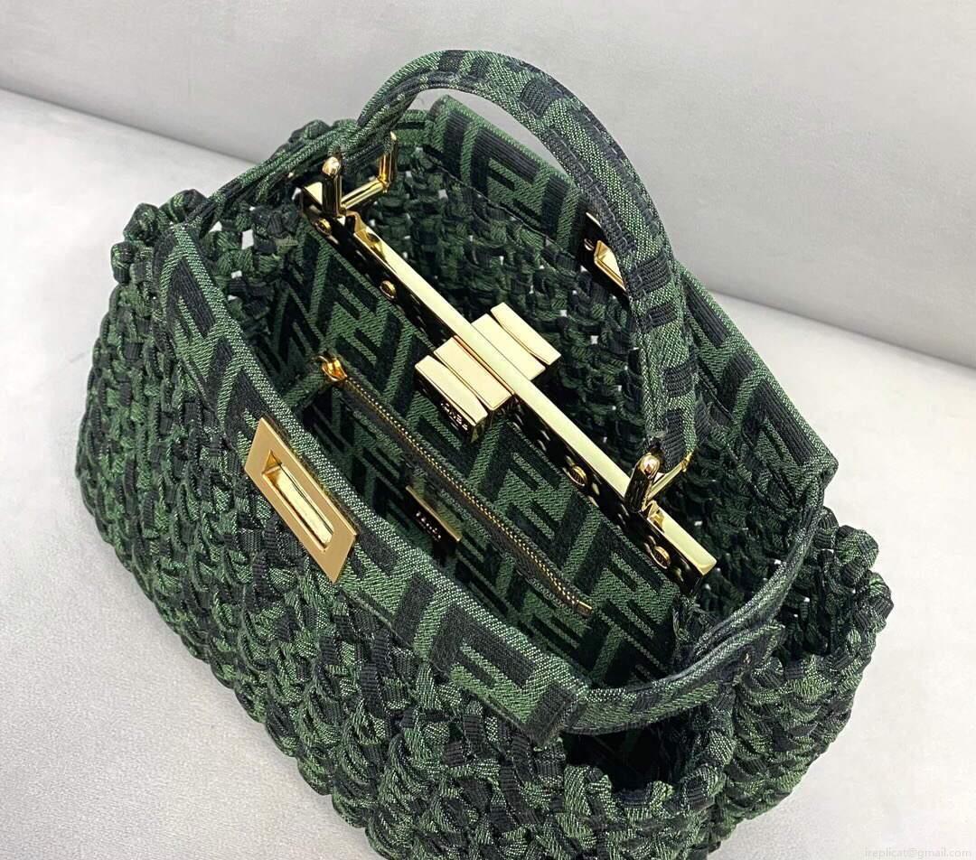 Fendi 8BN244 Peekaboo Iconic Mini Jacquard Fabric Interlace Bag 2126AS Green