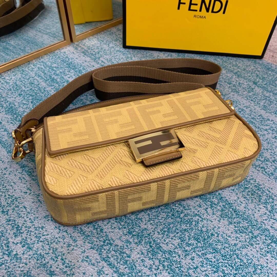 Fendi 8BR600 Baguette Embroidered Canvas Bag Apricot