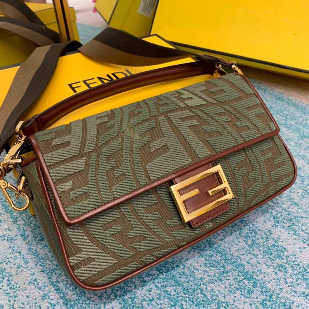 Fendi 8BR600 Baguette Embroidered Canvas Bag Green