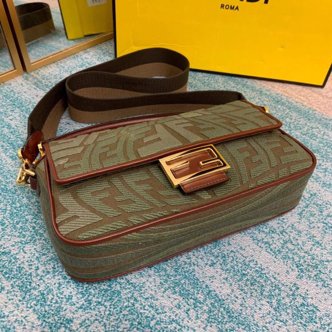 Fendi 8BR600 Baguette Embroidered Canvas Bag Green