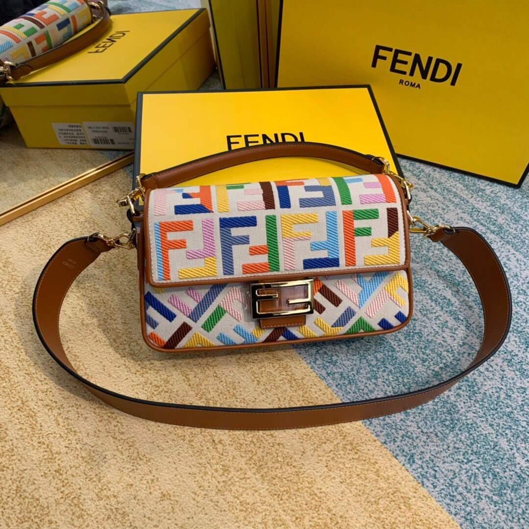 Fendi 8BR600 Baguette Embroidered Canvas Bag Multicolour