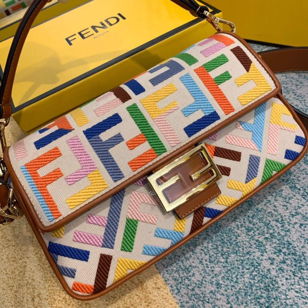 Fendi 8BR600 Baguette Embroidered Canvas Bag Multicolour