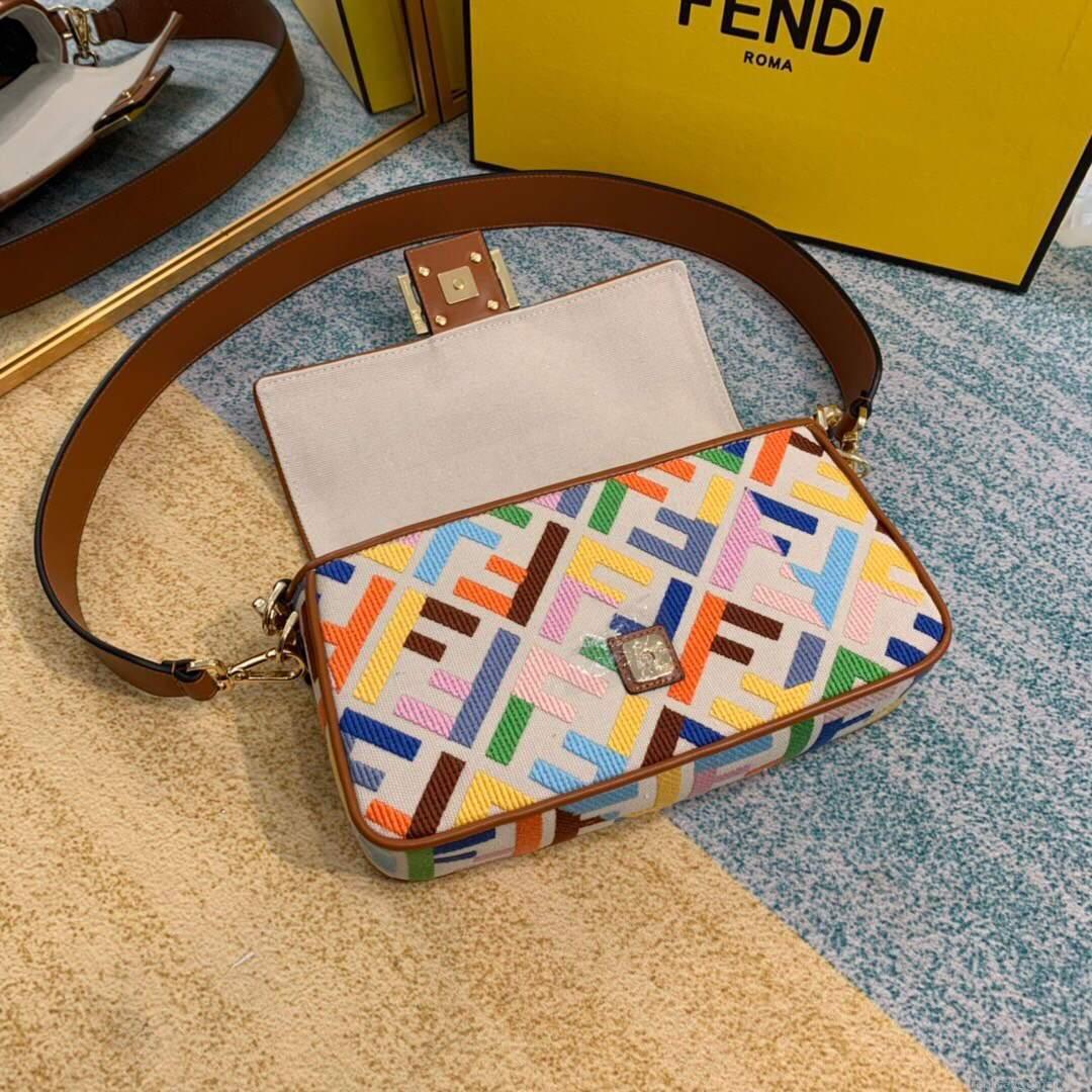 Fendi 8BR600 Baguette Embroidered Canvas Bag Multicolour
