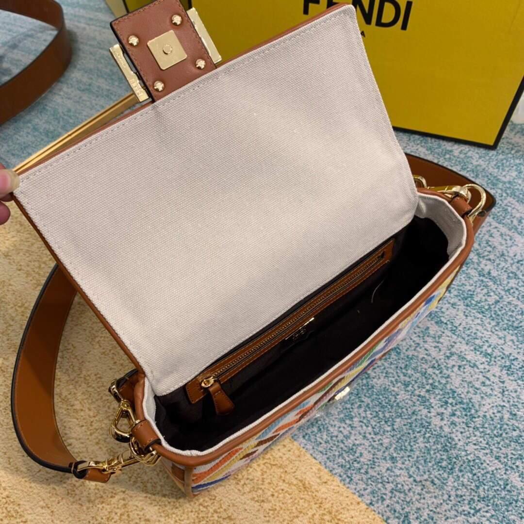 Fendi 8BR600 Baguette Embroidered Canvas Bag Multicolour