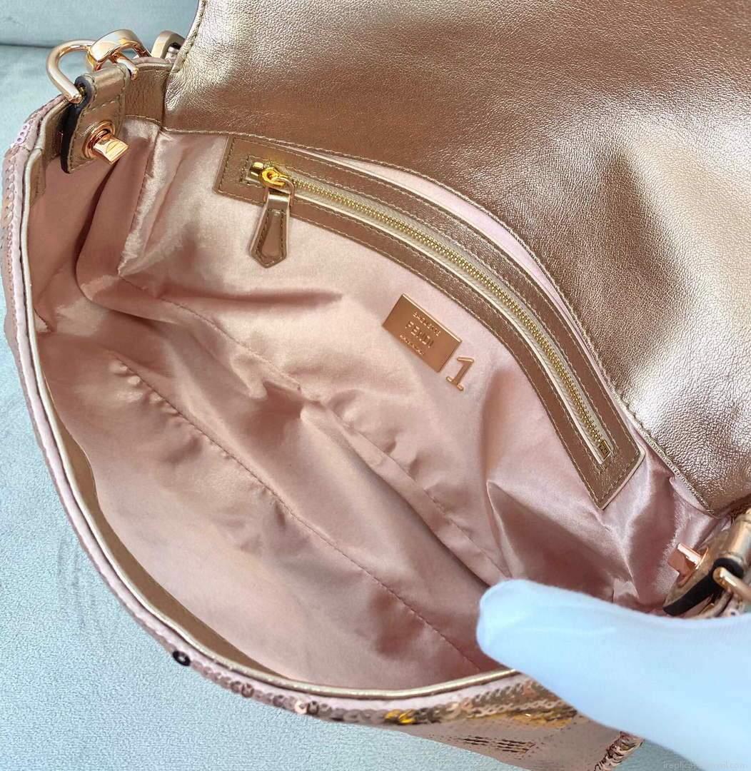 Fendi 8BR792 Medium Baguette 1997 Pink Satin Bag with Sequins 0127L