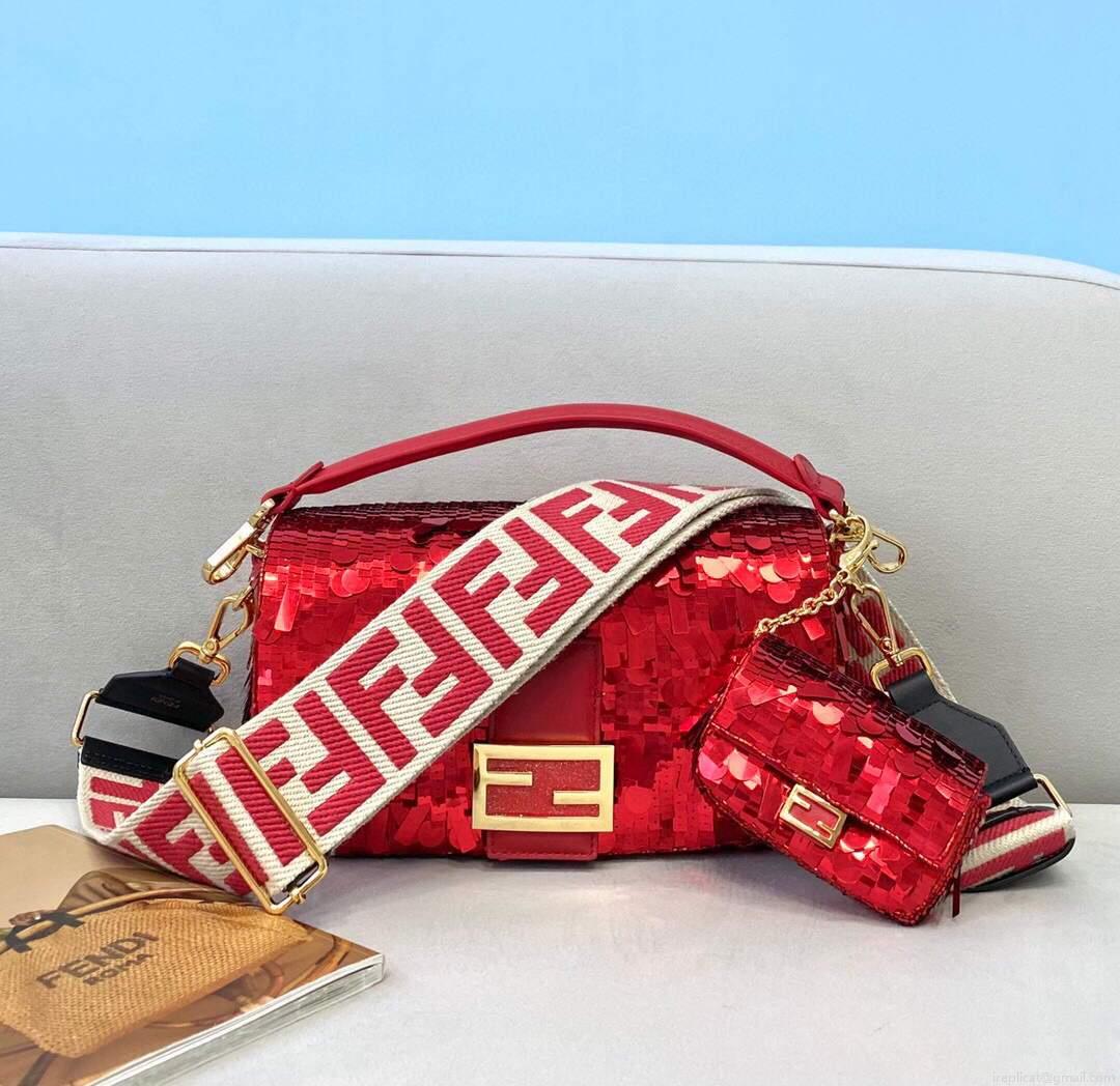 Fendi 8BR792 Medium Baguette 1997 Red Satin Bag with Sequins 0127L