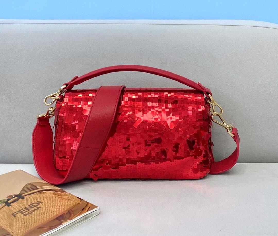 Fendi 8BR792 Medium Baguette 1997 Red Satin Bag with Sequins 0127L