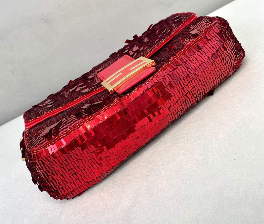 Fendi 8BR792 Medium Baguette 1997 Red Satin Bag with Sequins 0127L