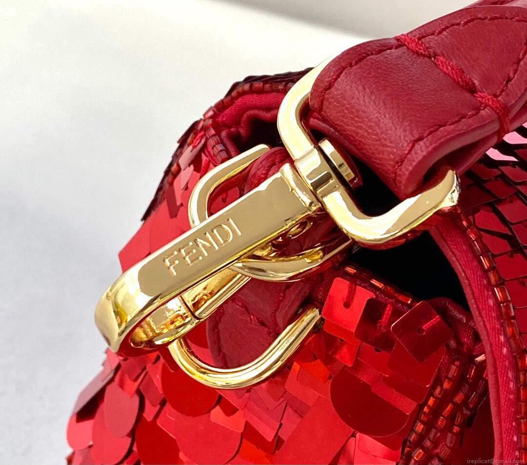 Fendi 8BR792 Medium Baguette 1997 Red Satin Bag with Sequins 0127L
