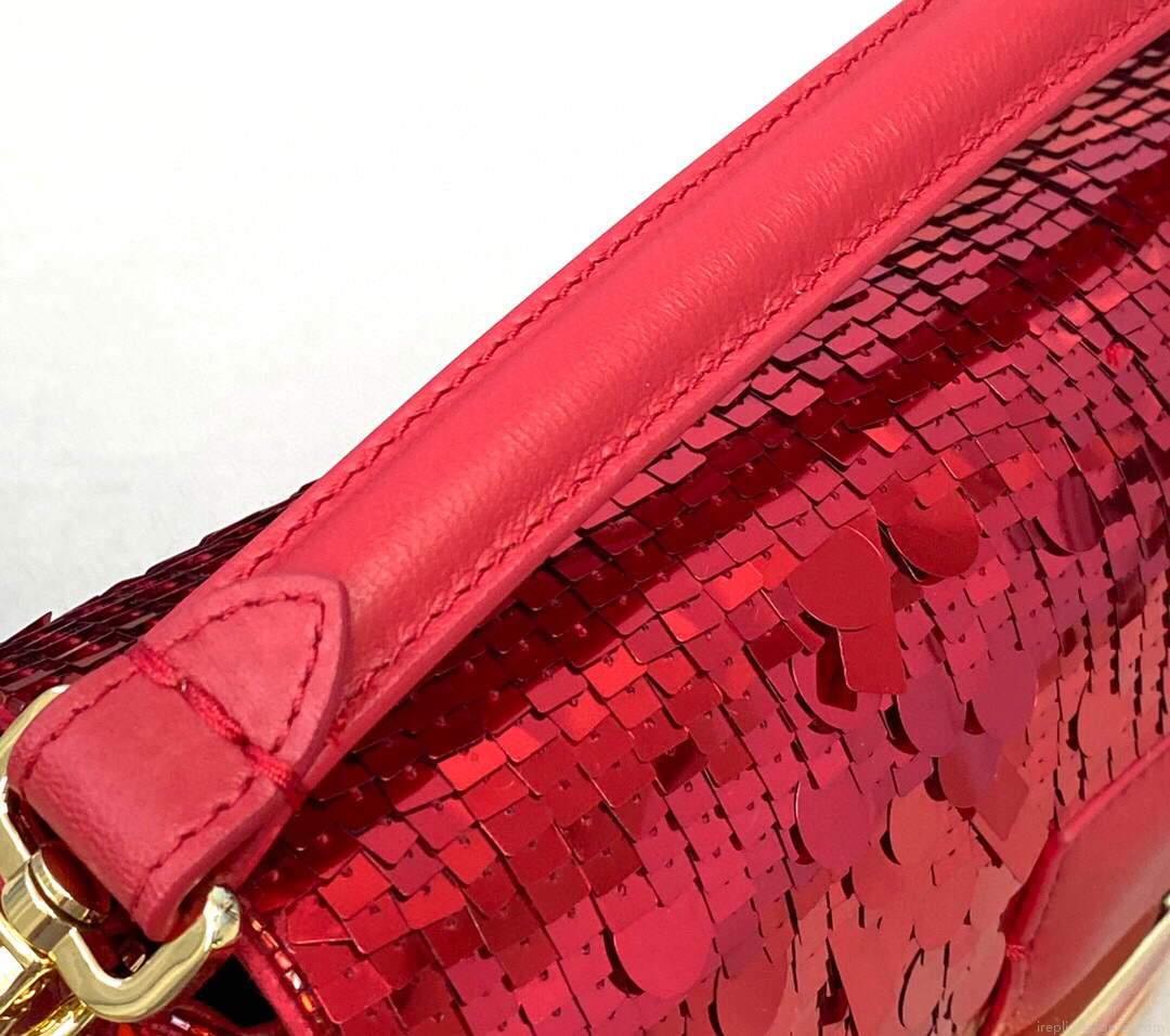 Fendi 8BR792 Medium Baguette 1997 Red Satin Bag with Sequins 0127L