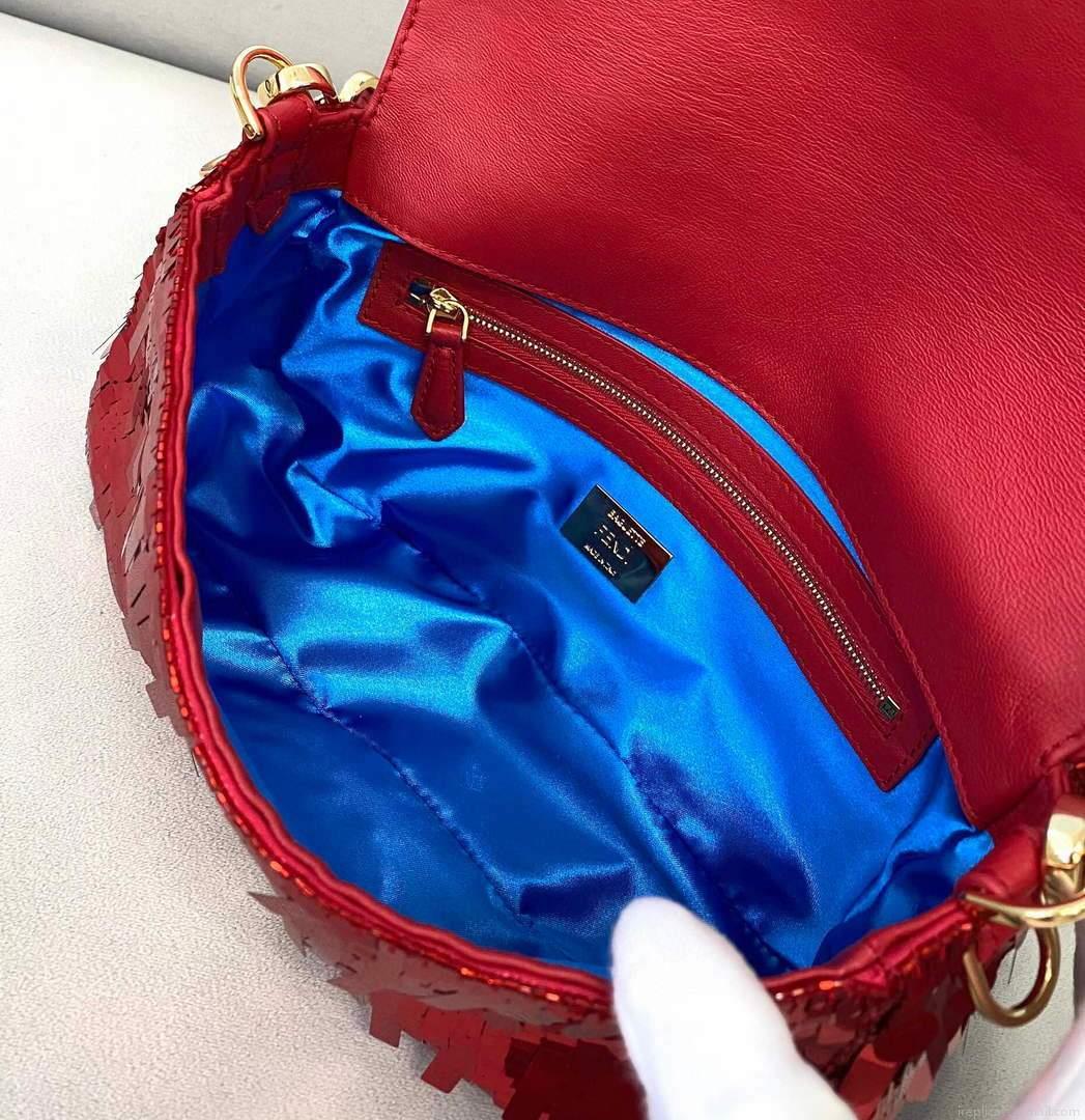 Fendi 8BR792 Medium Baguette 1997 Red Satin Bag with Sequins 0127L