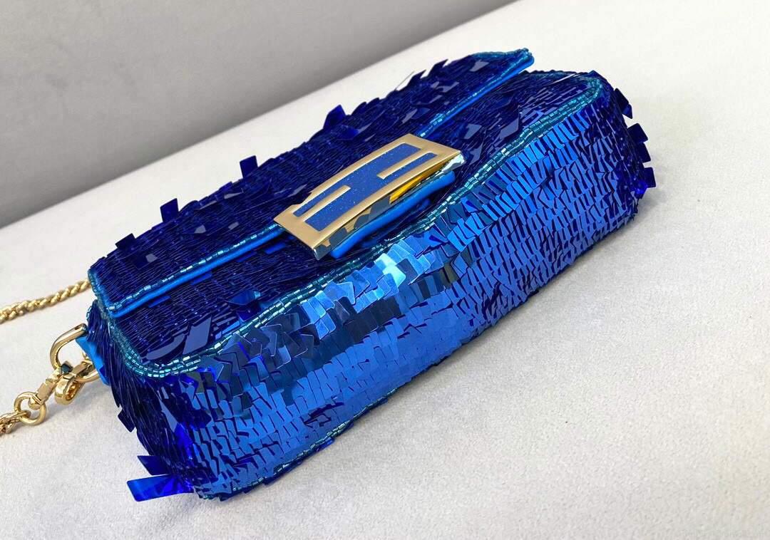Fendi 8BS049 Mini Baguette 1997 Blue Satin Bag with Sequins 0127S