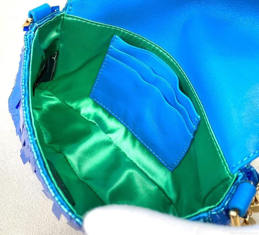 Fendi 8BS049 Mini Baguette 1997 Blue Satin Bag with Sequins 0127S