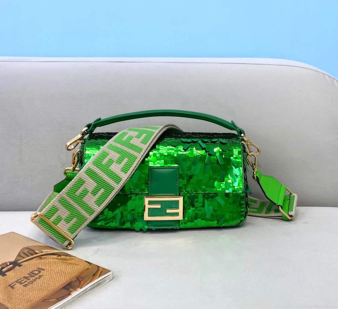Fendi 8BS049 Mini Baguette 1997 Green Satin Bag with Sequins 0127S