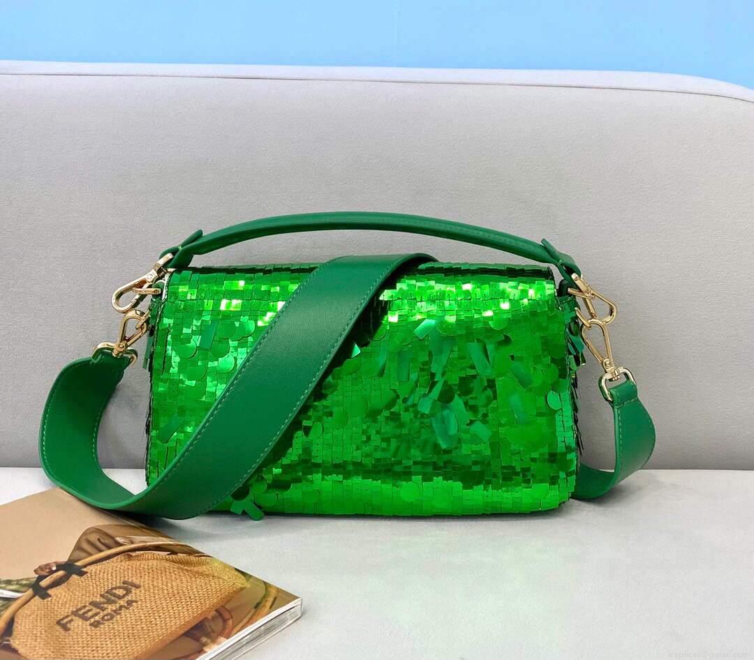 Fendi 8BS049 Mini Baguette 1997 Green Satin Bag with Sequins 0127S