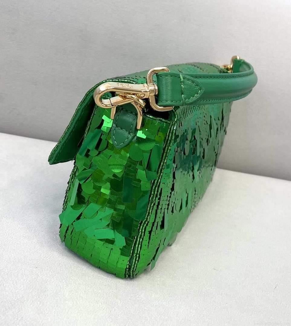 Fendi 8BS049 Mini Baguette 1997 Green Satin Bag with Sequins 0127S
