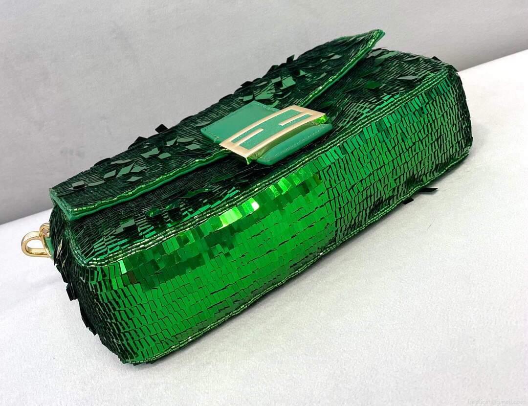 Fendi 8BS049 Mini Baguette 1997 Green Satin Bag with Sequins 0127S