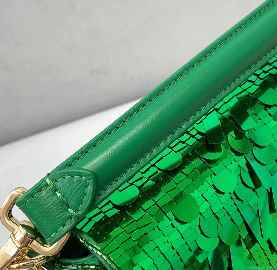 Fendi 8BS049 Mini Baguette 1997 Green Satin Bag with Sequins 0127S