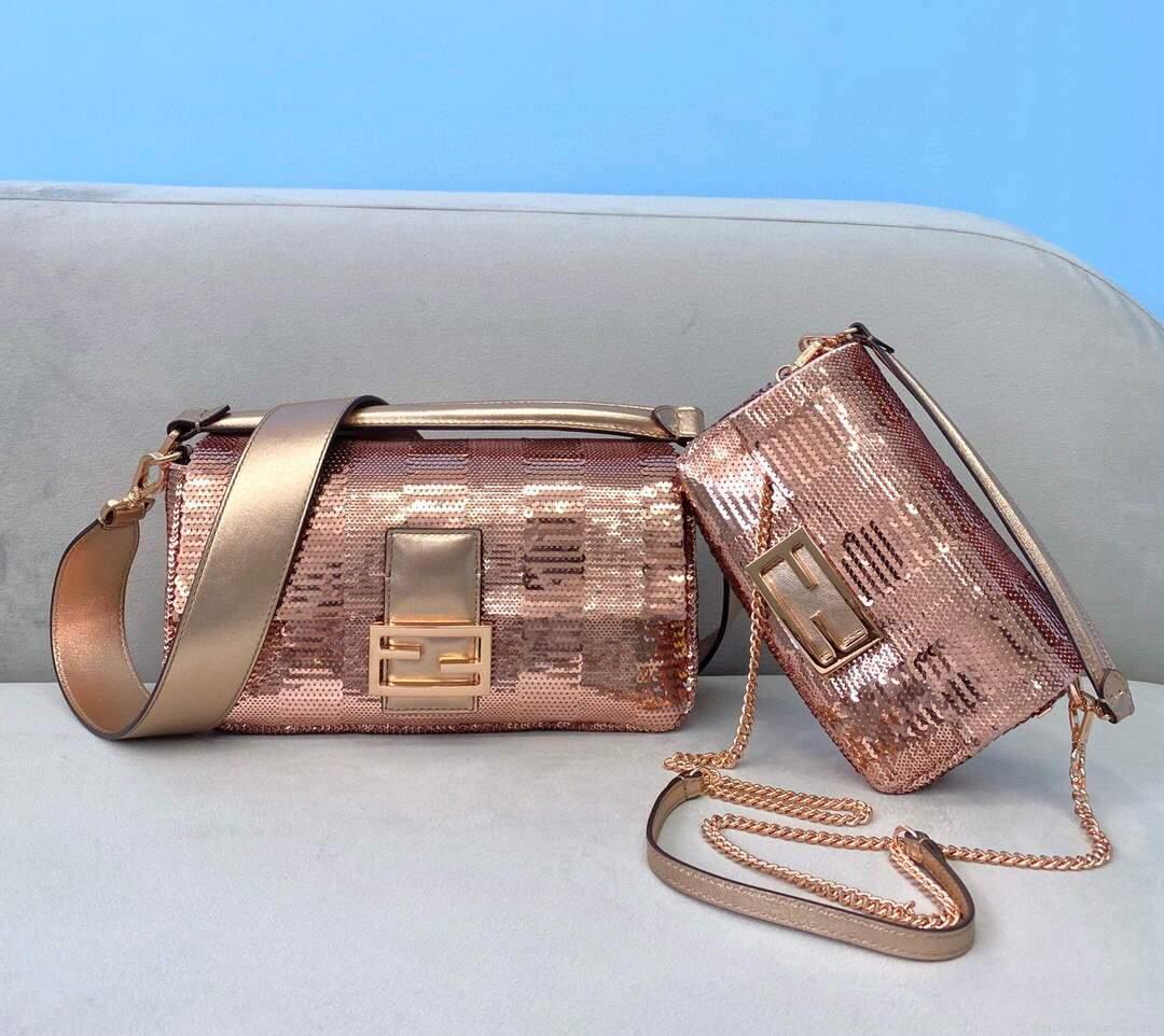 Fendi 8BS049 Mini Baguette 1997 Pink Satin Bag with Sequins 0127S