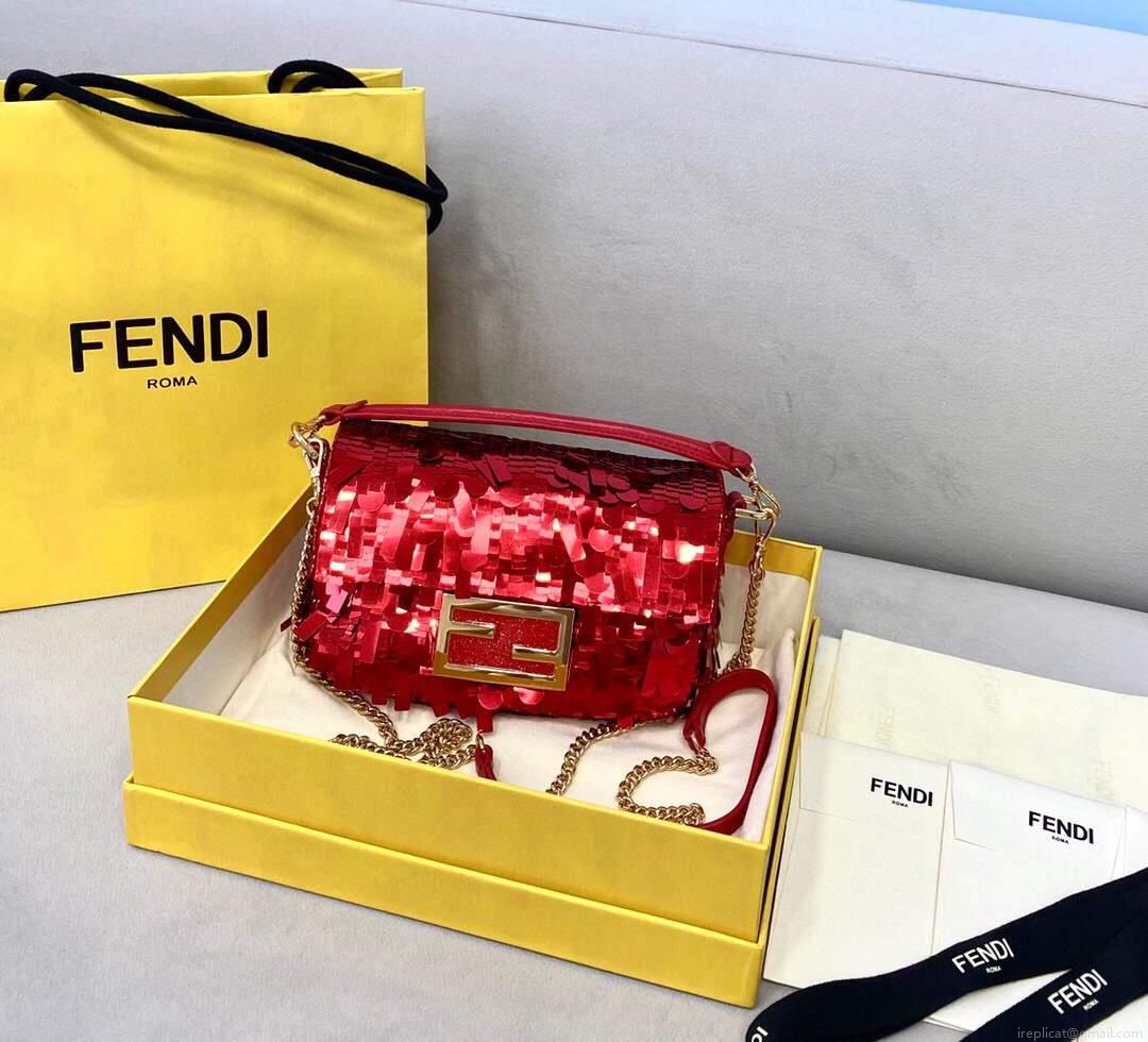 Fendi 8BS049 Mini Baguette 1997 Red Satin Bag with Sequins 0127S