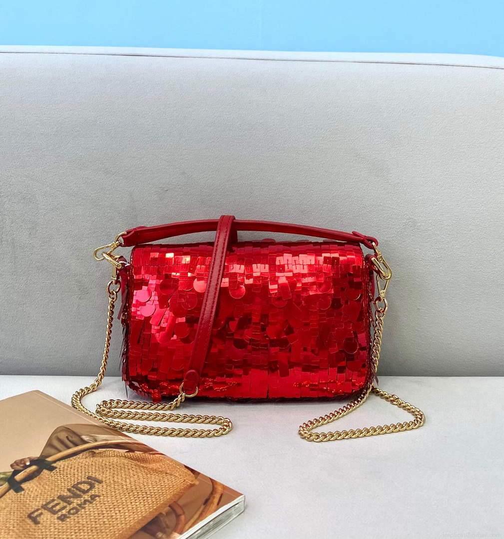 Fendi 8BS049 Mini Baguette 1997 Red Satin Bag with Sequins 0127S