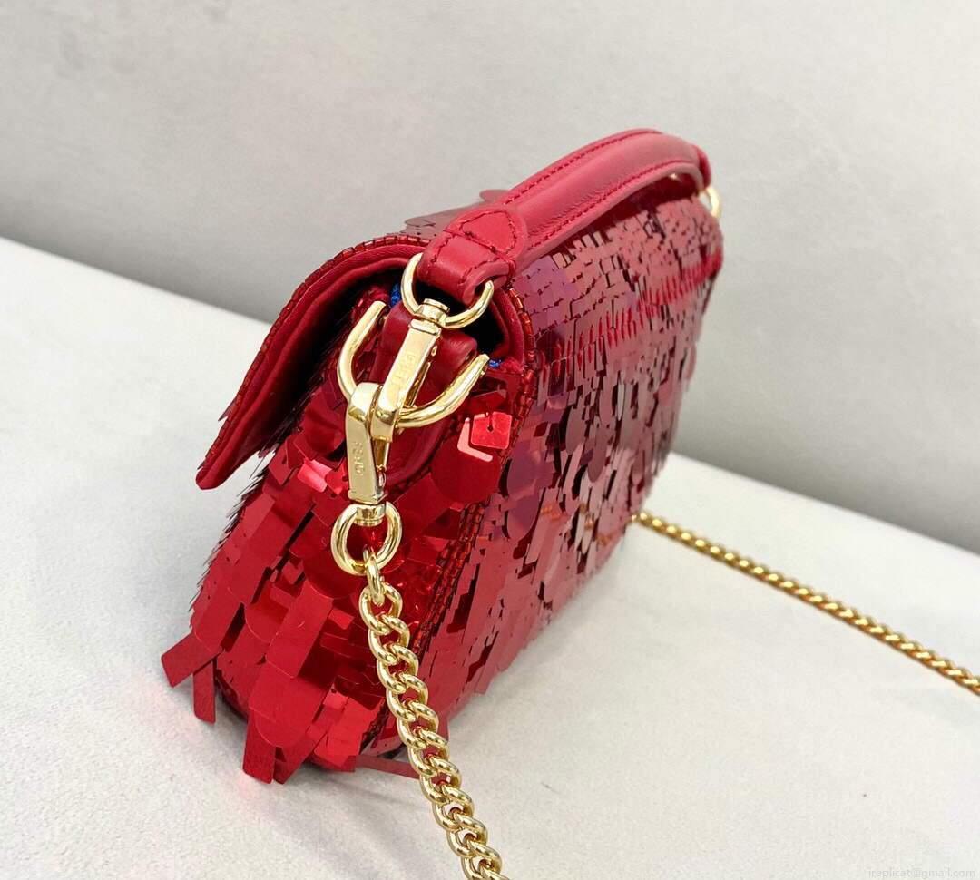 Fendi 8BS049 Mini Baguette 1997 Red Satin Bag with Sequins 0127S
