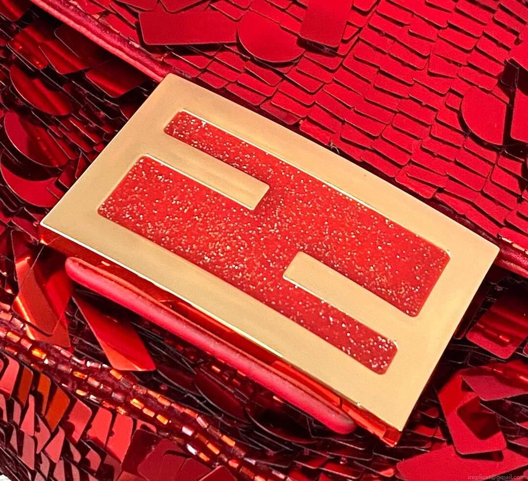 Fendi 8BS049 Mini Baguette 1997 Red Satin Bag with Sequins 0127S