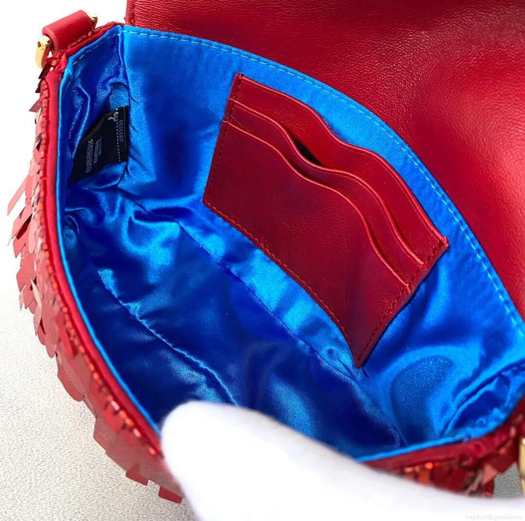 Fendi 8BS049 Mini Baguette 1997 Red Satin Bag with Sequins 0127S