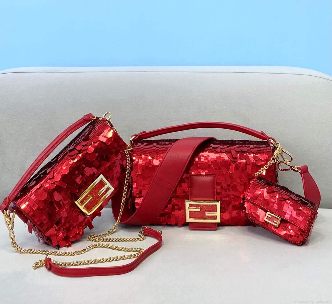 Fendi 8BS049 Mini Baguette 1997 Red Satin Bag with Sequins 0127S