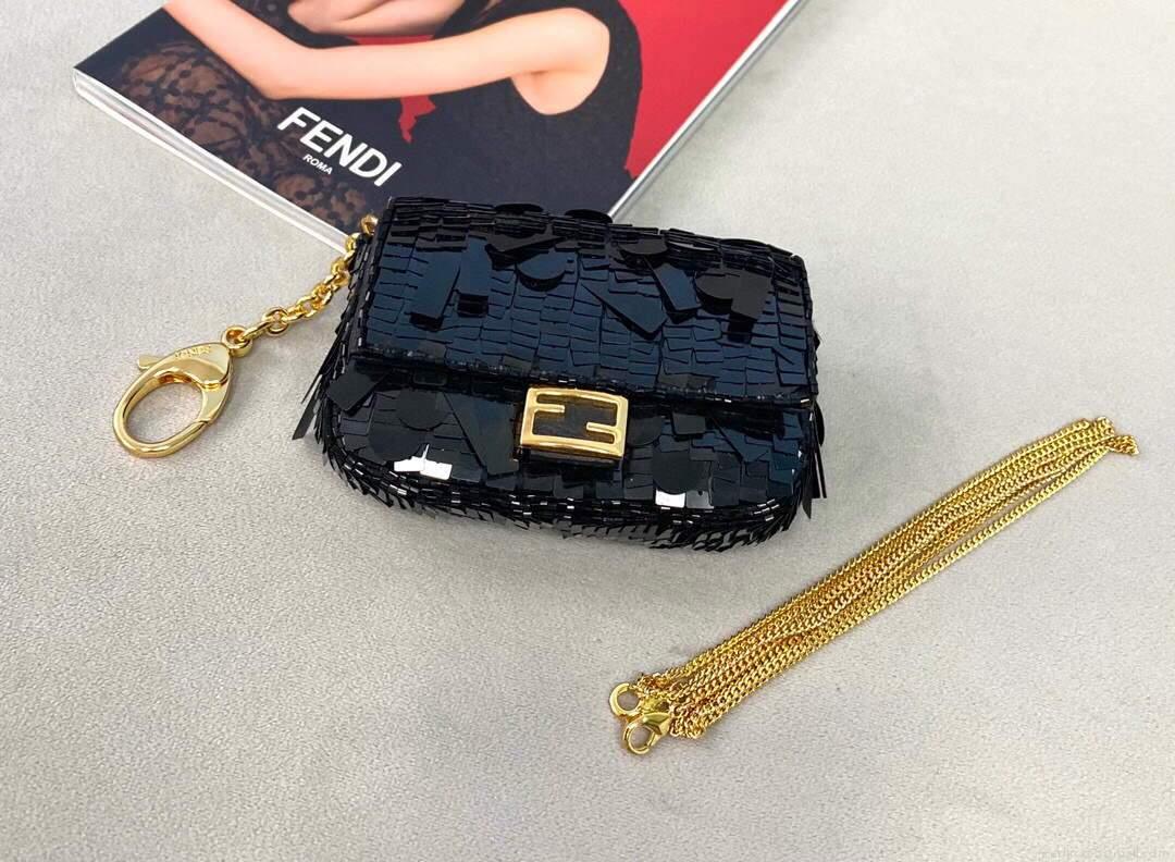 Fendi 8BS049 Nano Baguette 1997 Black Satin Bag with Sequins 0136