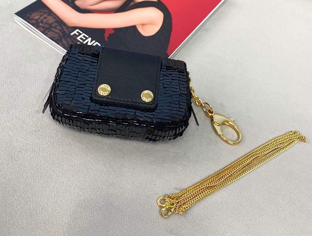 Fendi 8BS049 Nano Baguette 1997 Black Satin Bag with Sequins 0136