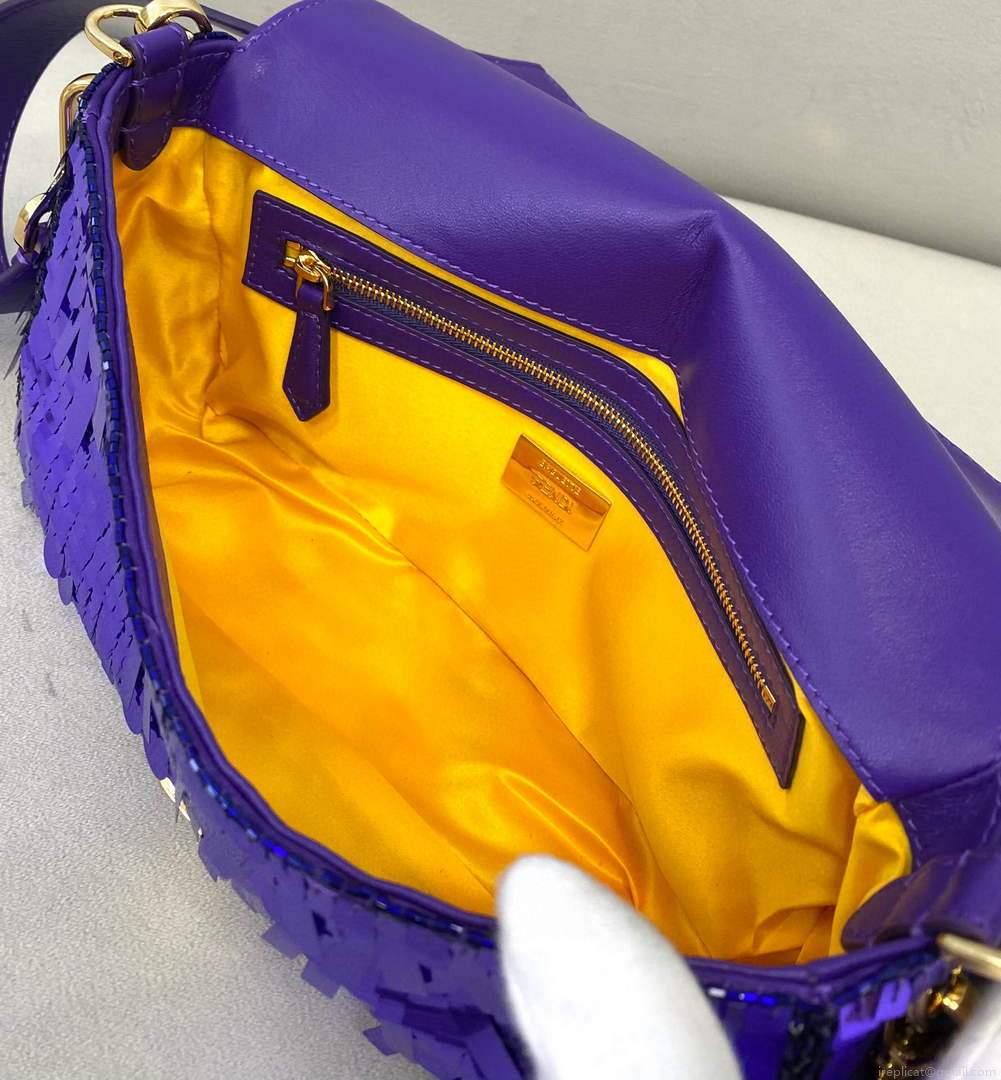 Fendi 8BR792 Medium Baguette 1997 Purple Satin Bag with Sequins 0127L
