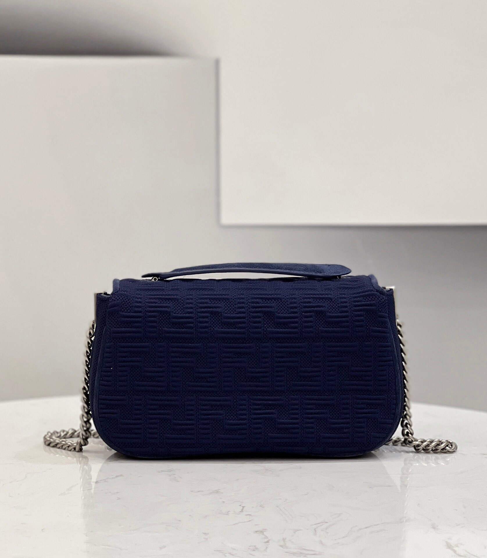 Fendi 8BR793 Midi Baguette Chain FF Fabric Bag Blue