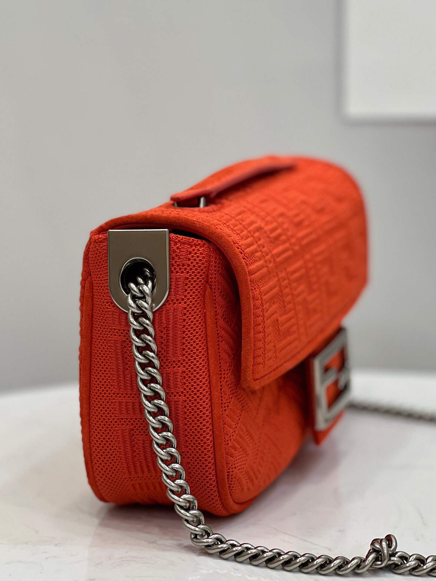 Fendi 8BR793 Midi Baguette Chain FF Fabric Bag Red
