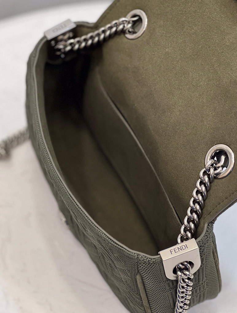 Fendi 8BR793 Midi Baguette Chain FF Fabric Bag Green