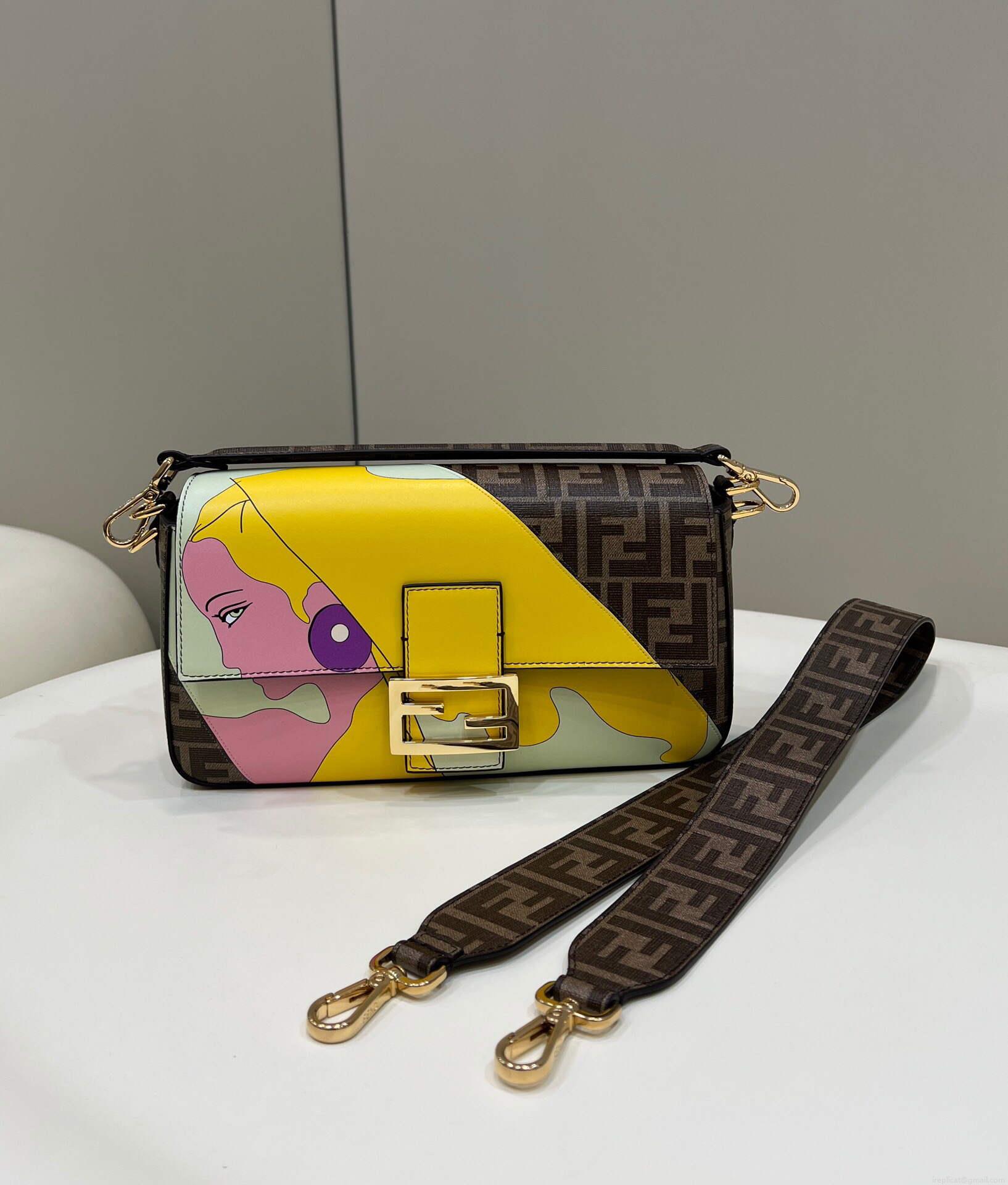 Fendi 8BR600 Baguette FF Glazed Fabric Bag With Inlay