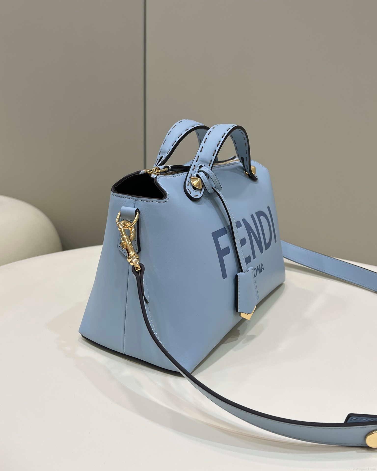 Fendi 8BL146 By The Way Medium Ligth Blue leather Boston bag