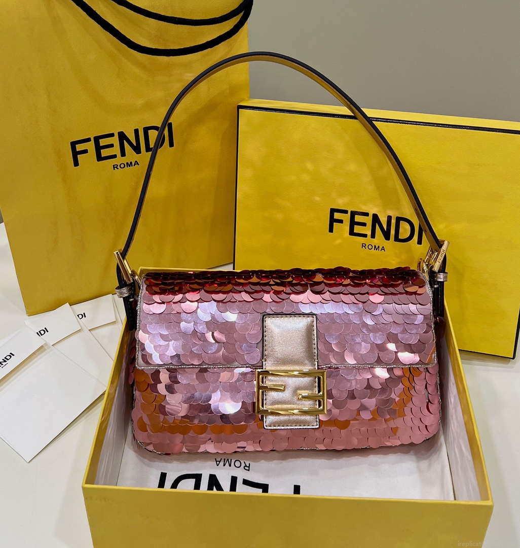 Fendi 8BR792 Medium Baguette 1997 Rose Red Satin Bag with Sequins 8528