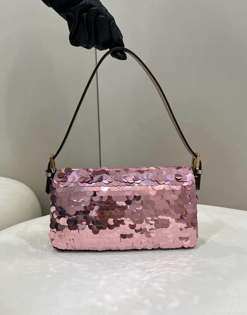 Fendi 8BR792 Medium Baguette 1997 Rose Red Satin Bag with Sequins 8528