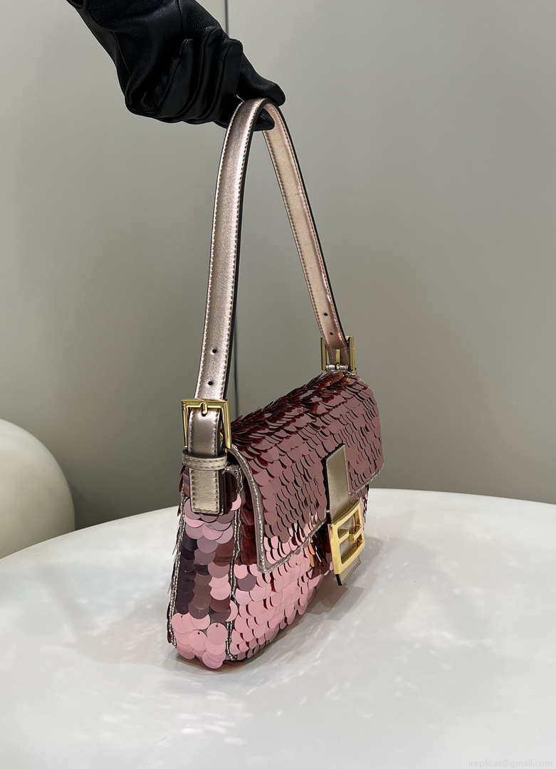 Fendi 8BR792 Medium Baguette 1997 Rose Red Satin Bag with Sequins 8528
