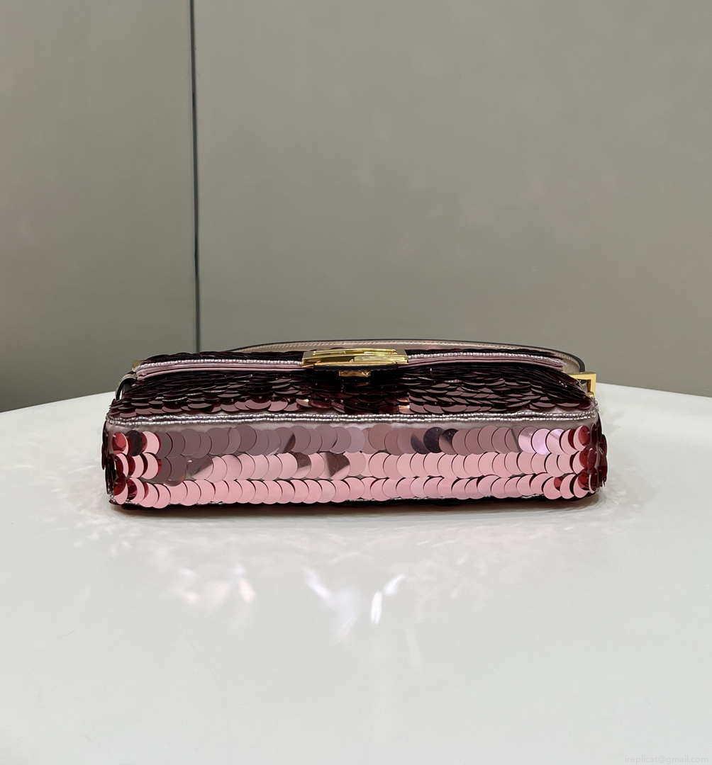 Fendi 8BR792 Medium Baguette 1997 Rose Red Satin Bag with Sequins 8528
