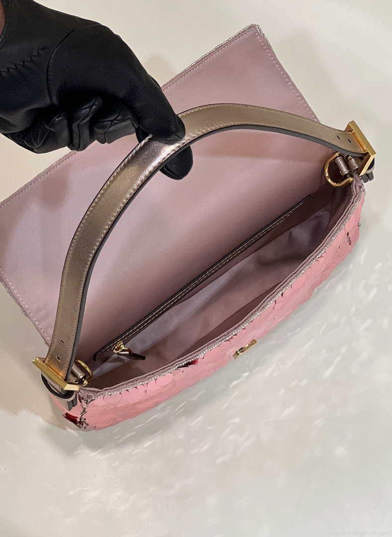 Fendi 8BR792 Medium Baguette 1997 Rose Red Satin Bag with Sequins 8528