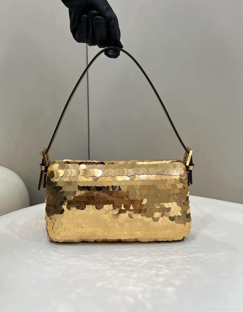 Fendi 8BR792 Medium Baguette 1997 Gold Satin Bag with Sequins 8528