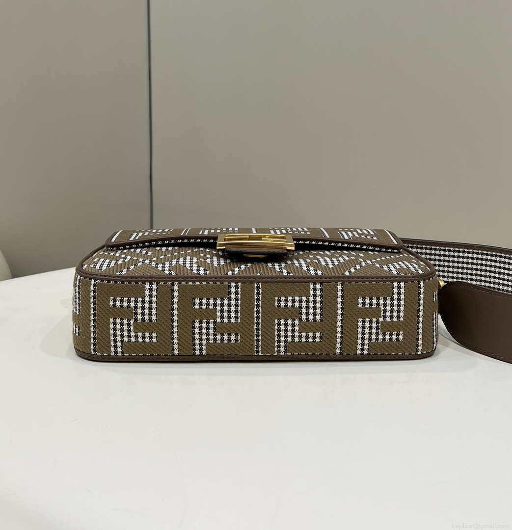 Fendi 8BR600 Baguette Brown houndstooth wool bag with FF embroidery