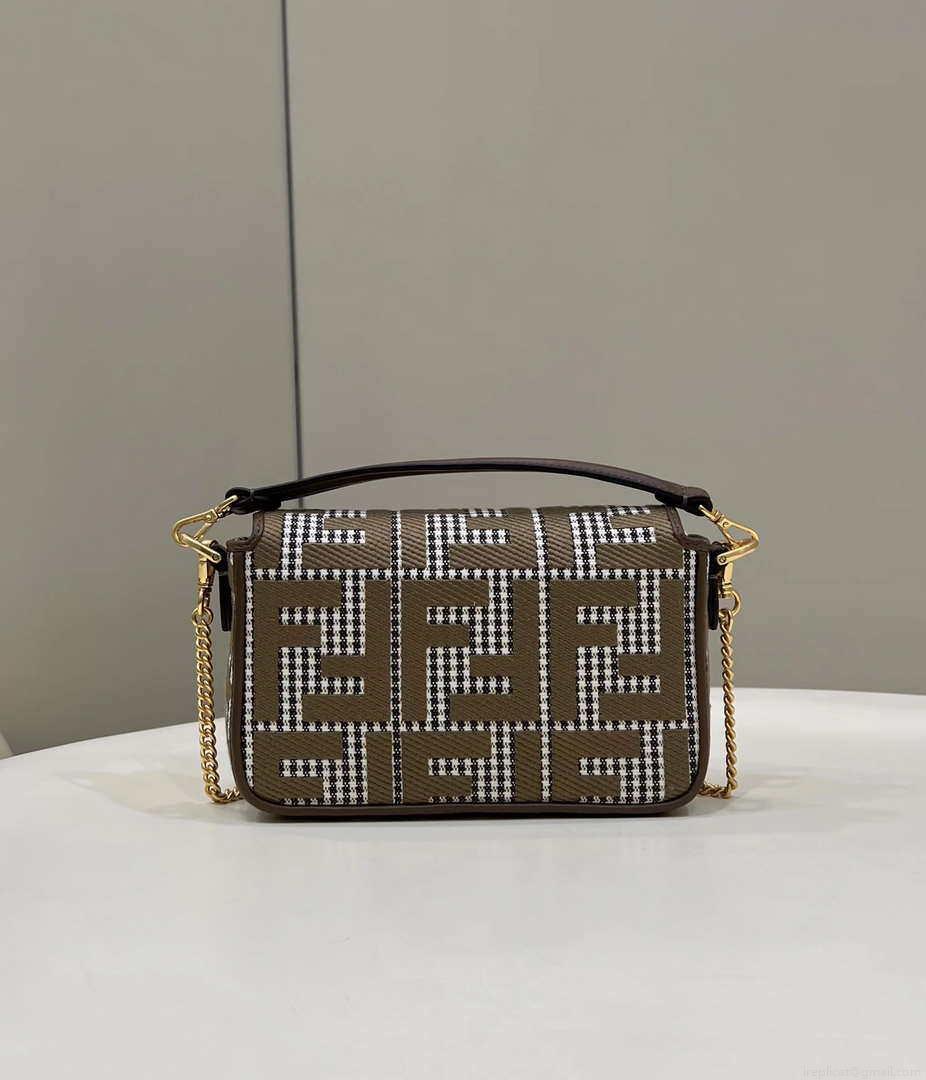 Fendi 8BS017 Mini Baguette Brown houndstooth wool bag with FF embroidery 8588S