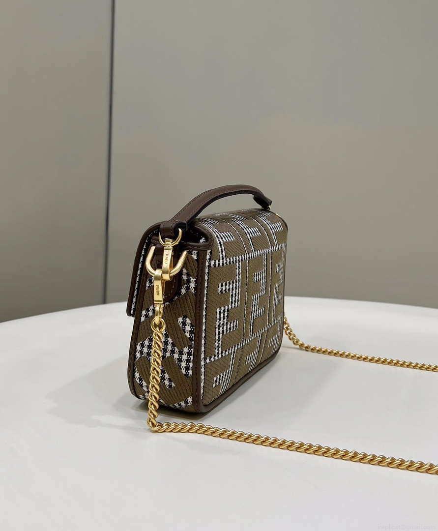Fendi 8BS017 Mini Baguette Brown houndstooth wool bag with FF embroidery 8588S