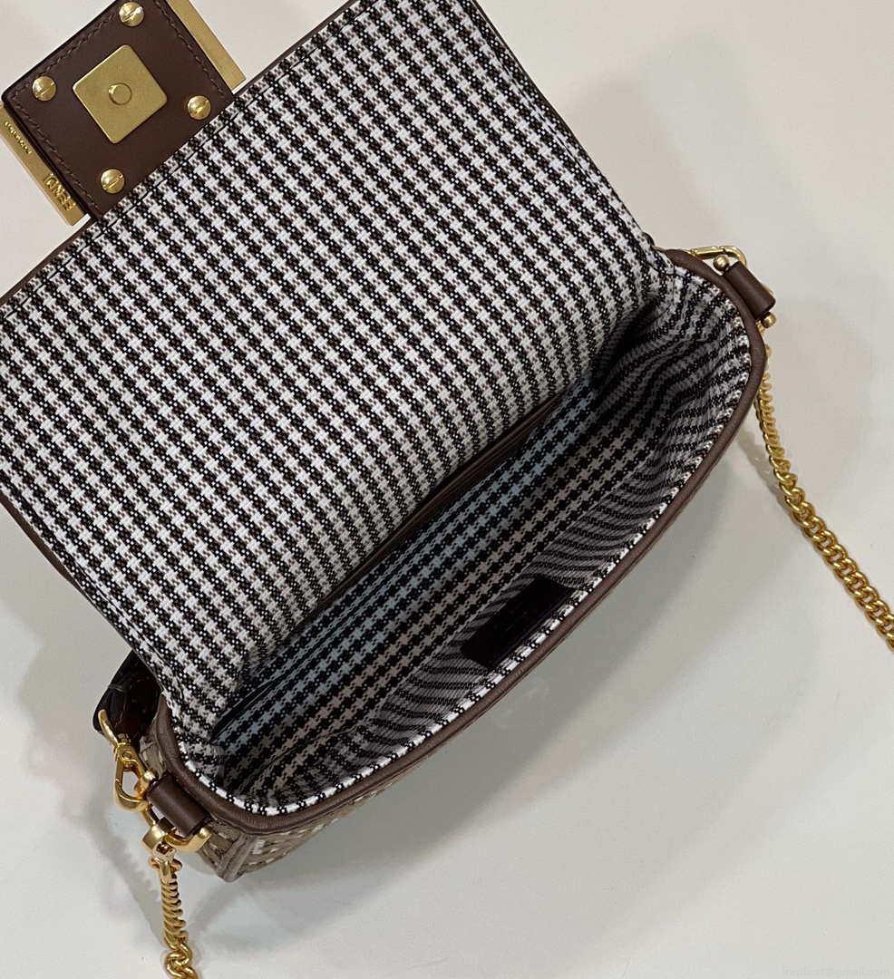 Fendi 8BS017 Mini Baguette Brown houndstooth wool bag with FF embroidery 8588S